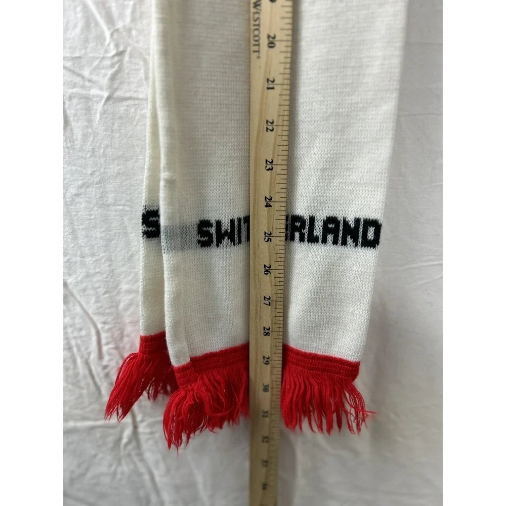 Unbranded Switzerland Knit Scarf OS White‎ Red Fringe Souvenir Alpine Gorpcore